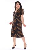 Kruvaze Yaka Yaprak Desen Büyük Beden Elbise 2D-0978