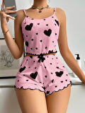 Dodes Pamuklu Pembe Üstüne Siyah Kalp Desenli Askılı Fitilli Şortlu Pijama Takımı