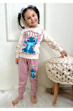 PJK2İ Stitch Desenli Gül Kurusu 2 İp %100 Pamuk Kız Çocuk Eşofman Takımı 3-10 Yaş 7293-GK