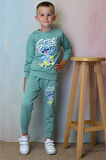 PJK2İ Stitch Desenli Yeşil 2 İp %100 Pamuk Erkek Çocuk Eşofman Takımı 3-10 Yaş 7319-Y