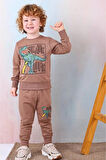PJK2İ Dinazor Desenli Kahverengi 2 İp %100 Pamuk Erkek Çocuk Eşofman Takımı 3-10 Yaş 7426-K