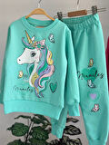 PJK2İ Unicorn Desenli 2 İp %100 Pamuk Kız Çocuk Eşofman Takımı 3-10 Yaş 8163