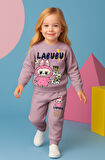 PJK2İ Labubu Desenli 2 İp %100 Pamuk Kız Çocuk Eşofman Takımı 3-10 Yaş 8174