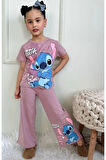 PJKBP Stitch Desenli Gül Kurusu Bol Paça Kız Çocuk Kısa Kol Takım 3-10 Yaş 7617-GK