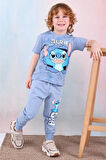 PJKKE Stitch Desenli Mavi Eşofmanlı Erkek Çocuk Kısa Kol Takım 3-10 Yaş 7446-M