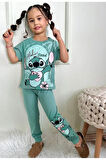 PJKKE Stitch Desenli Yeşil Eşofmanlı Kız Çocuk Kısa Kol Takım 3-10 Yaş 7434-Y