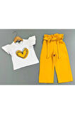 Kalp Desenli Croplu Kumaş Pantolonlu Kız Takım Hardal 3-10 Yaş 7050-H