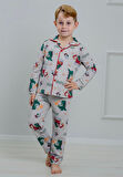 PJKÖ Dinozor Desenli Gri Uzun Kollu Önden Düğmeli Erkek Çocuk Pijama Takımı 4-12 Yaş 509U