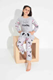 TARP Gri Panda Nakışlı Polar Kız Çocuk Pijama Takımı 4-15 Yaş 2706-2707-2708-G
