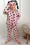 1+1PJKÖ Minnie Mause Desenli Pudra Uzun Kollu Önden Düğmeli Kız Çocuk Pijama Takımı 4-6 Yaş 0500U-P