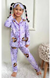 1+1PJKÖ Frouzen Elsa Desenli Lila Uzun Kollu Önden Düğmeli Kız Çocuk Pijama Takımı 4-6 Yaş 0535U