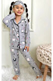 PJKÖ Kedicik Desenli Gri Uzun Kollu Önden Düğmeli Kız Çocuk Pijama Takımı 4-12 Yaş 540U-L