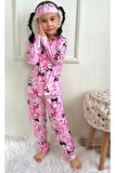 1+1PJKÖ Kuromi Desen Pembe Uzun Kollu Önden Düğmeli Kız Çocuk Pijama Takımı 4-12 Yaş 537U-P