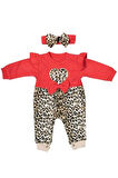 %100 Pamuk Leoparlı Kalpli Fiyonklu Saç Bantlı Kız Tulum 3-12 Ay 8154