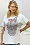 Bol Kesim Büyük Beden Crystal Kurukafa Taşlı Kırmızı Pamuk Kadın Şık Rahat Yarasa Kol T-shirt
