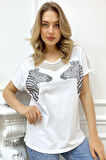 Rahat Kalıp Büyük Beden Zebra Crystal Taşlı Beyaz Kadın Şık Pamuk T-shirt