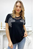 Rahat Kalıp Büyük Beden Zebra Crystal Taşlı Beyaz Kadın Şık Pamuk T-shirt