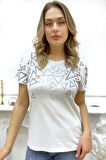 Büyük Beden Bisiklet Yaka Geometrik Desenli Crystal Taşlı Kısa Kol Şık Pamuk Kırmızı Kadın T-shirt