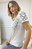 Büyük Beden Bisiklet Yaka Geometrik Desenli Crystal Taşlı Kısa Kol Şık Pamuk Kırmızı Kadın T-shirt
