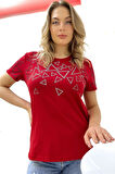 Büyük Beden Bisiklet Yaka Geometrik Desenli Crystal Taşlı Kısa Kol Şık Pamuk Kırmızı Kadın T-shirt