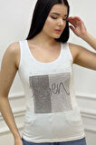 Heaven Crystal Taş Baskılı Dar Kesim / Slim Fit Pamuk Kadın Şık Atlet Kalın Askılı Kolsuz T-shirt