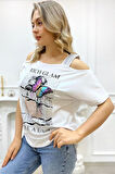Büyük Beden Siyah Omuzları Açık Baskılı Crystal Taşlı Pamuk Kadın T-shirt