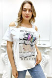 Büyük Beden Siyah Omuzları Açık Baskılı Crystal Taşlı Pamuk Kadın T-shirt