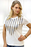 Leopar Crystal Taşlı Kısa Kol Bisiklet Yaka Büyük Beden Plus Size Pamuk Beyaz Kadın T-shirt