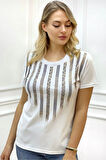 Leopar Crystal Taşlı Kısa Kol Bisiklet Yaka Büyük Beden Plus Size Pamuk Beyaz Kadın T-shirt