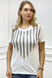 Leopar Crystal Taşlı Kısa Kol Bisiklet Yaka Büyük Beden Plus Size Pamuk Beyaz Kadın T-shirt