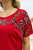 Bol Kalıp Leopar Crystal Taşlı Büyük Beden Kırmızı Şık Rahat Kadın T-shirt