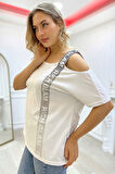 Bol Kesim Büyük Beden Tek Omzu Açık Crystal Taşlı Kadın Kısa Kol Pamuk Beyaz T-shirt