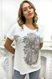 Bol Kesim Crystal Taşlı Büyük Beden Bisiklet Yaka Pamuk Siyah Kadın T-shirt