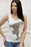 Leopar Crystal Taş Baskılı Dar Kesim / Slim Fit Pamuk Kadın Kolsuz Tshirt Kalın Askılı Atlet