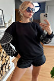 Crystal Taşlı İncili Bol Kesim Oversize Büyük Beden Üç Iplik Pamuk Rahat Şık Kadın Sweatshirt