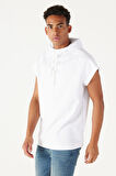 Erkek Beyaz Long Fit Kapüşonlu Kolsuz Sweatshirt