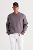 Erkek Koyu Gri Oversize Fit Bol Kesim Pamuklu Içi Polarlı 3 Iplik Bisiklet Yaka Sweatshirt