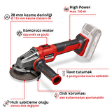 Einhell Professional Akülü Avuç Taşlama AXXIO 18/115 Q LiSolo Power X-Change (18 V, 700 W, Ø 115 mm, 28 mm kesme derinliği, kömürsüz, Quick-Fix oluk, kesme diski ve akü dahil değildir)
