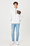Erkek Beyaz Oversize Bol Kesim Bato Yaka Cep Detaylı Fermuarlı Soğuk Geçirmez Polar Sweatshirt