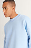 Erkek Açık Mavi Oversize Fit Bol Kesim Içi Polarlı 3 Iplik Pamuklu Baskılı Sweatshirt