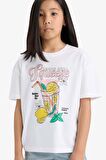 DeFacto Kız Çocuk Relax Fit Bisiklet Yaka Baskılı Kısa Kollu Tişört E0389A825SMWT34