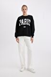 DeFacto Loose Fit Bisiklet Yaka Baskılı Kalın Siyah Sweatshirt C7810AX24WNBK81