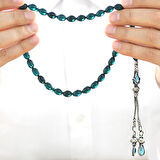 1000 Ayar Gümüş Kazaz Püsküllü Arpa Kesim Su Mavisi Ateş Kehribar Tesbih