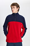 Erkek Lacivert-kırmızı Standart Fit Normal Kesim Günlük Rahat Çift Renkli Polar Spor Sweatshirt