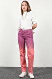 Kadın Düğmeli Boyalı Straight Fit Jean Pantolon Pembe