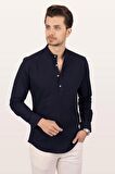 Lacivert Hakim Yaka Üç Düğmeli Slimfit Keten Gömlek