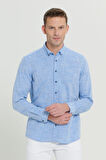Erkek Mavi Slim Fit Dar Kesim %100 Pamuk Armürlü Düğmeli Yaka Casual Gömlek