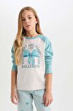 DeFacto Kız Çocuk Pijama Takımı Bisiklet Yaka Baskılı Uzun Kollu Üst Çizgili Uzun Alt D6059A824AUGN1209