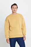 Erkek Hardal Oversize Fit Bol Kesim Pamuklu Içi Polarlı 3 Iplik Bisiklet Yaka Sweatshirt