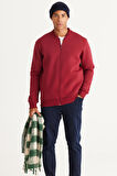 Erkek Bordo Standart Fit Normal Kesim Içi Polarlı 3 Iplik Kolej Yaka Pamuklu Sweatshirt Ceket